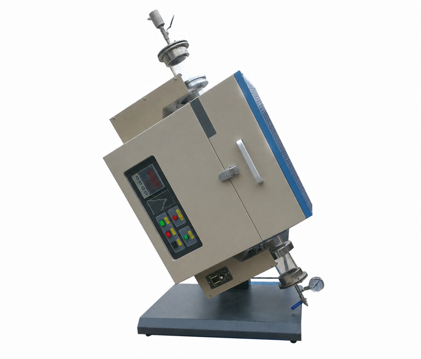 Pivot-mounted tube furnace shown at a steep inclined operating position
