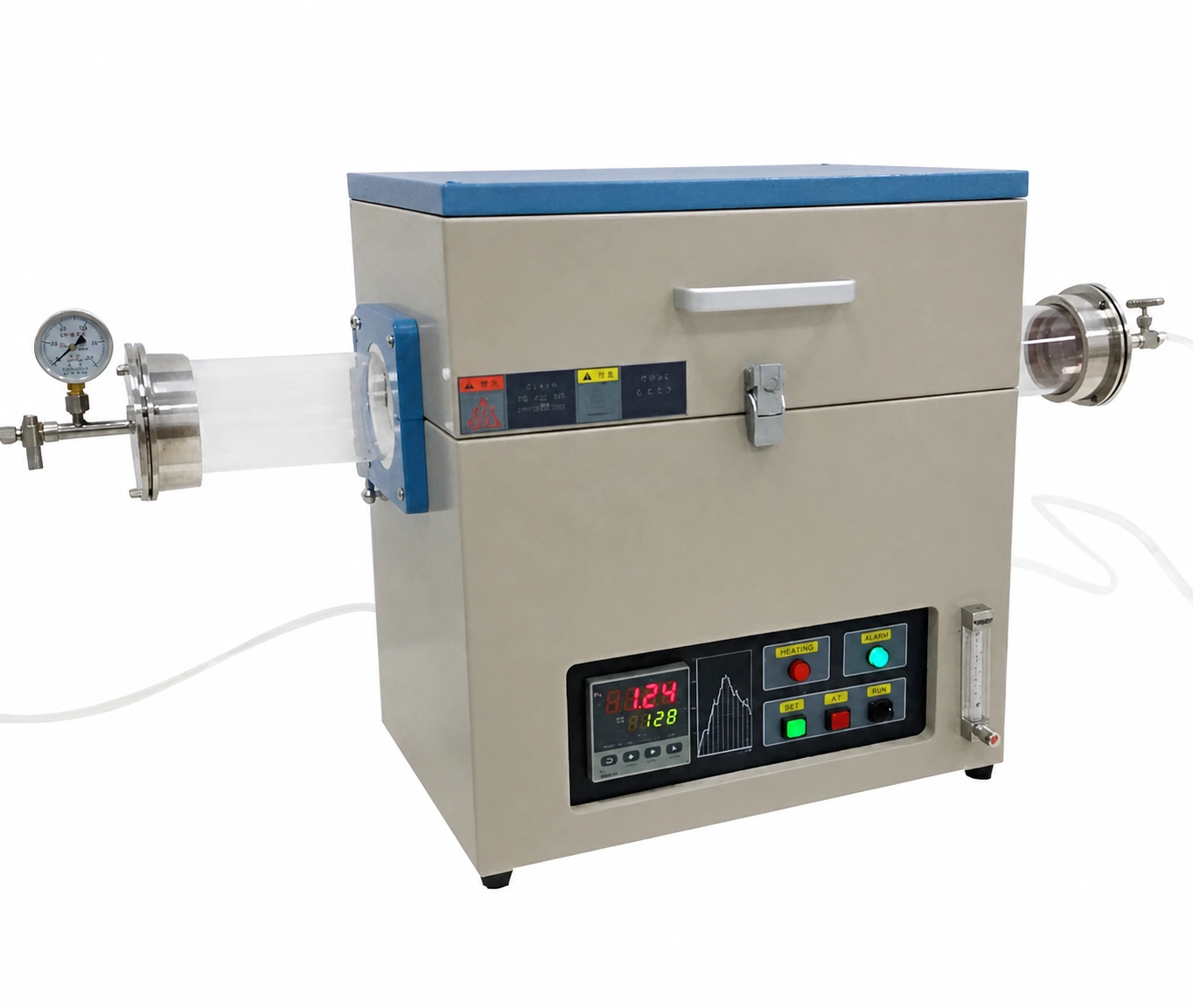 Compact single-zone horizontal tube furnace with process tube, flanges and integrated controls