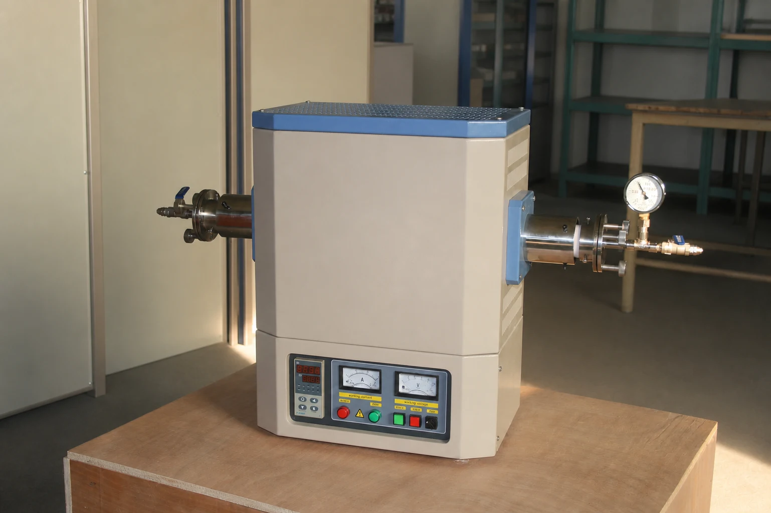 Compact horizontal tube furnace in a workshop setting with integrated controls, pressure gauge and stainless end assemblies