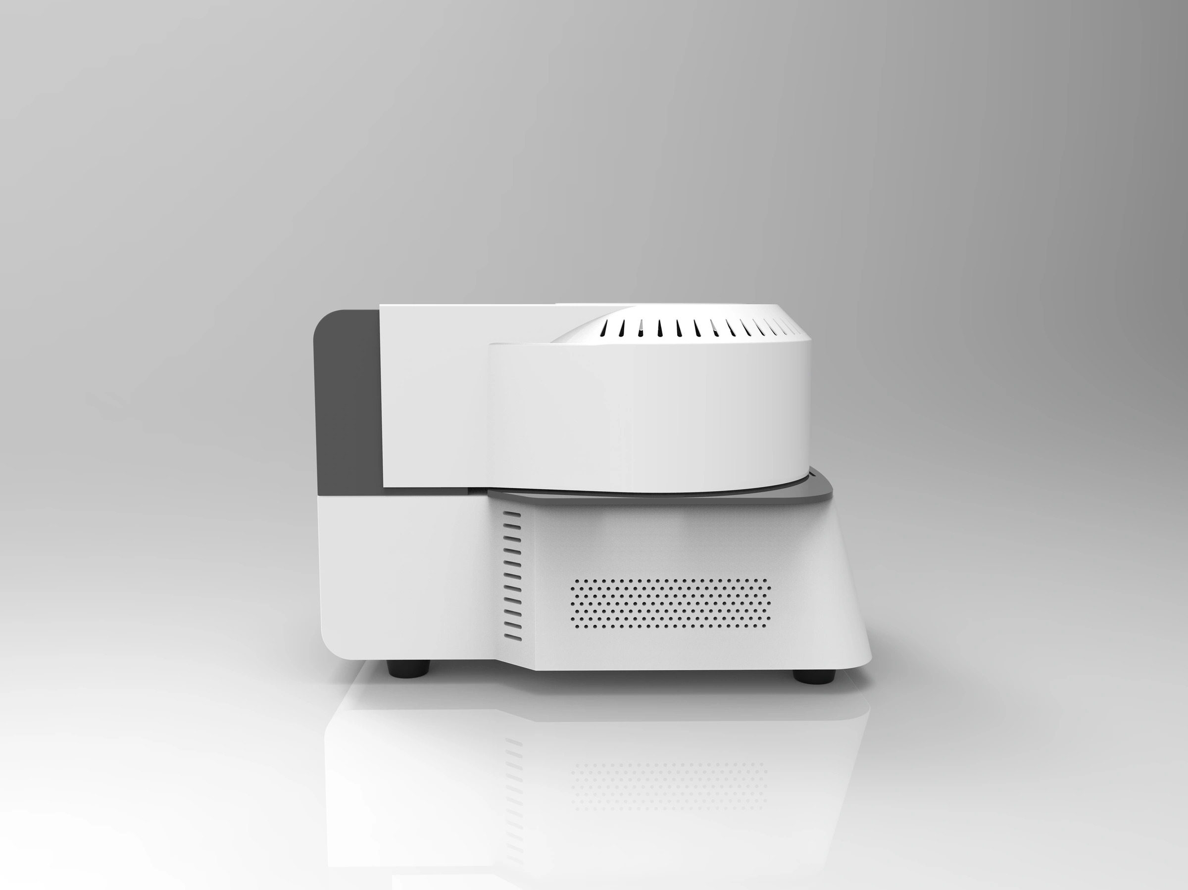 Side view of a compact dental porcelain furnace showing the chamber housing, base and ventilation