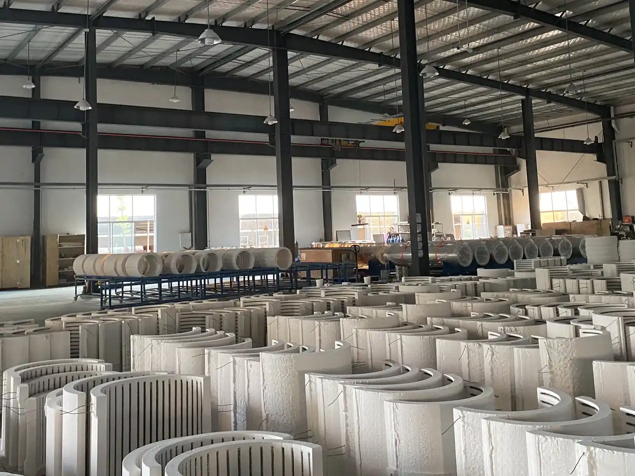 Production area with multiple large split cylindrical heated chamber sections