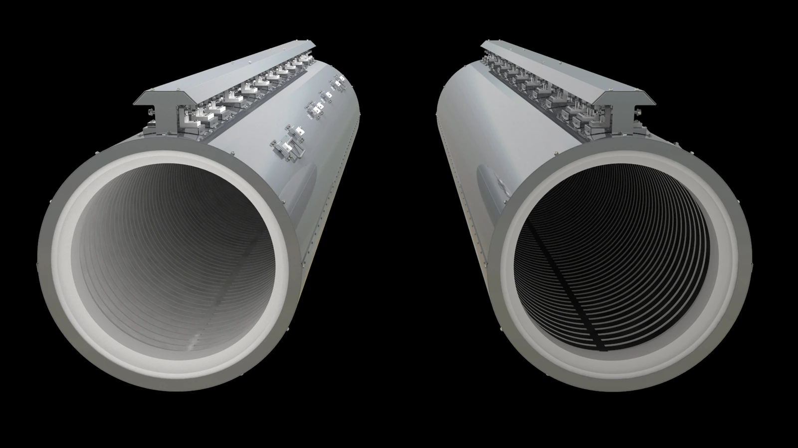 Configuration rendering of two metal-shelled cylindrical diffusion furnace chamber assemblies