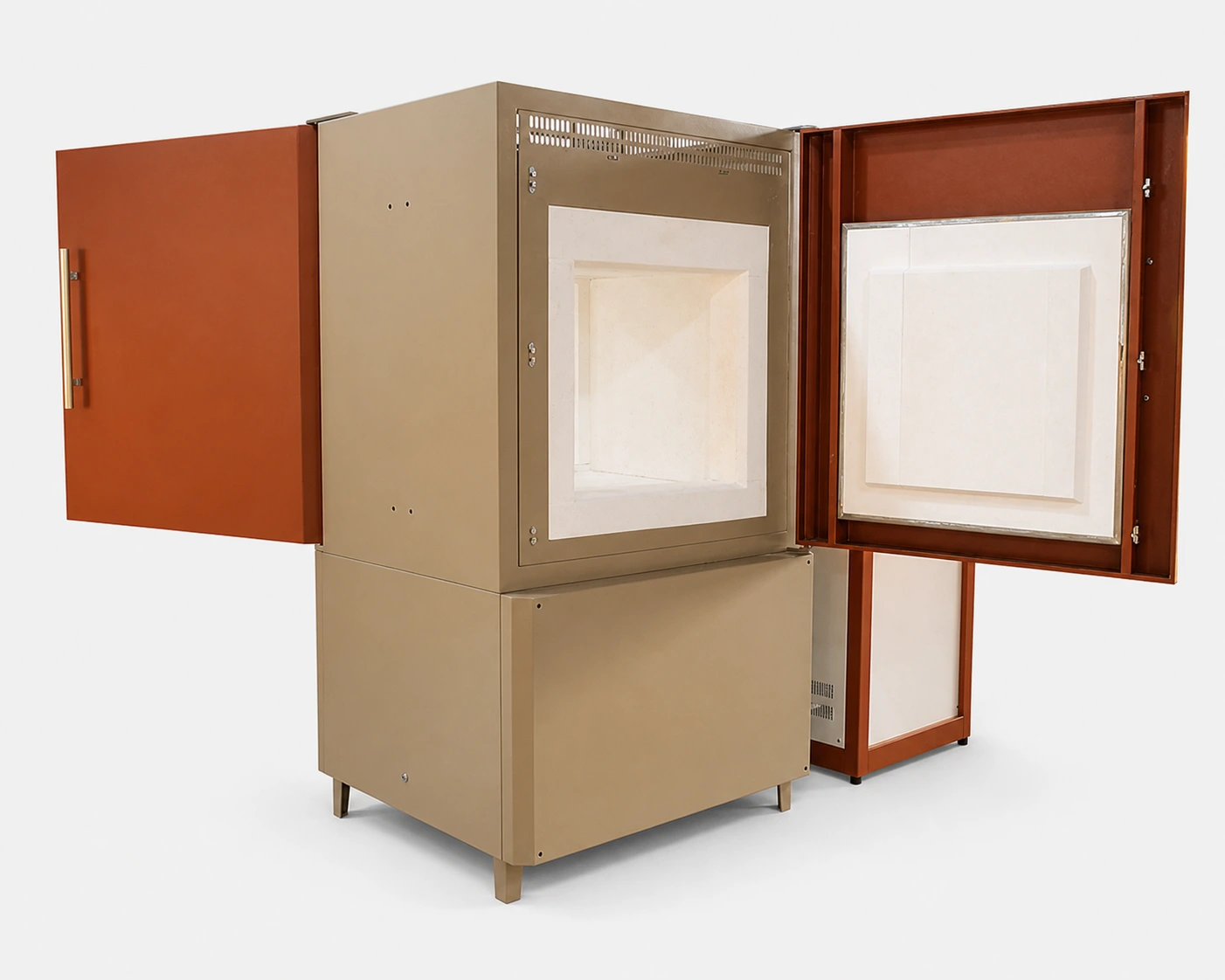 Pass-through box furnace with opposite-side insulated doors and a separate control cabinet