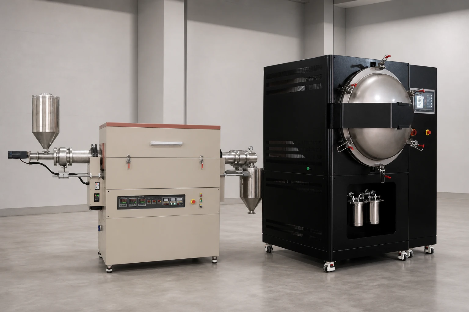 Rotary tube furnace beside a square-cabinet vacuum atmosphere furnace system
