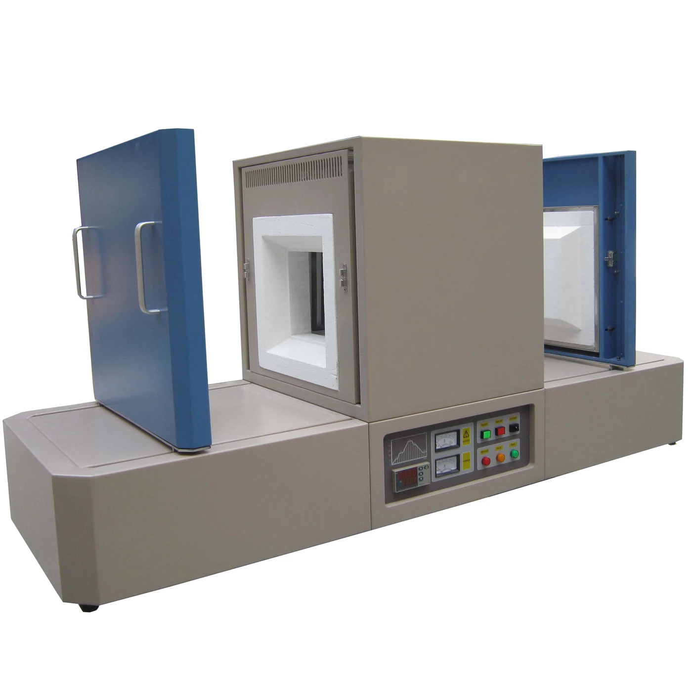 Open-door industrial muffle furnaces with visible insulated chambers