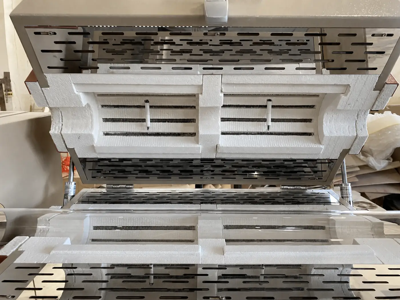 Open split PECVD furnace chamber around the process-tube position