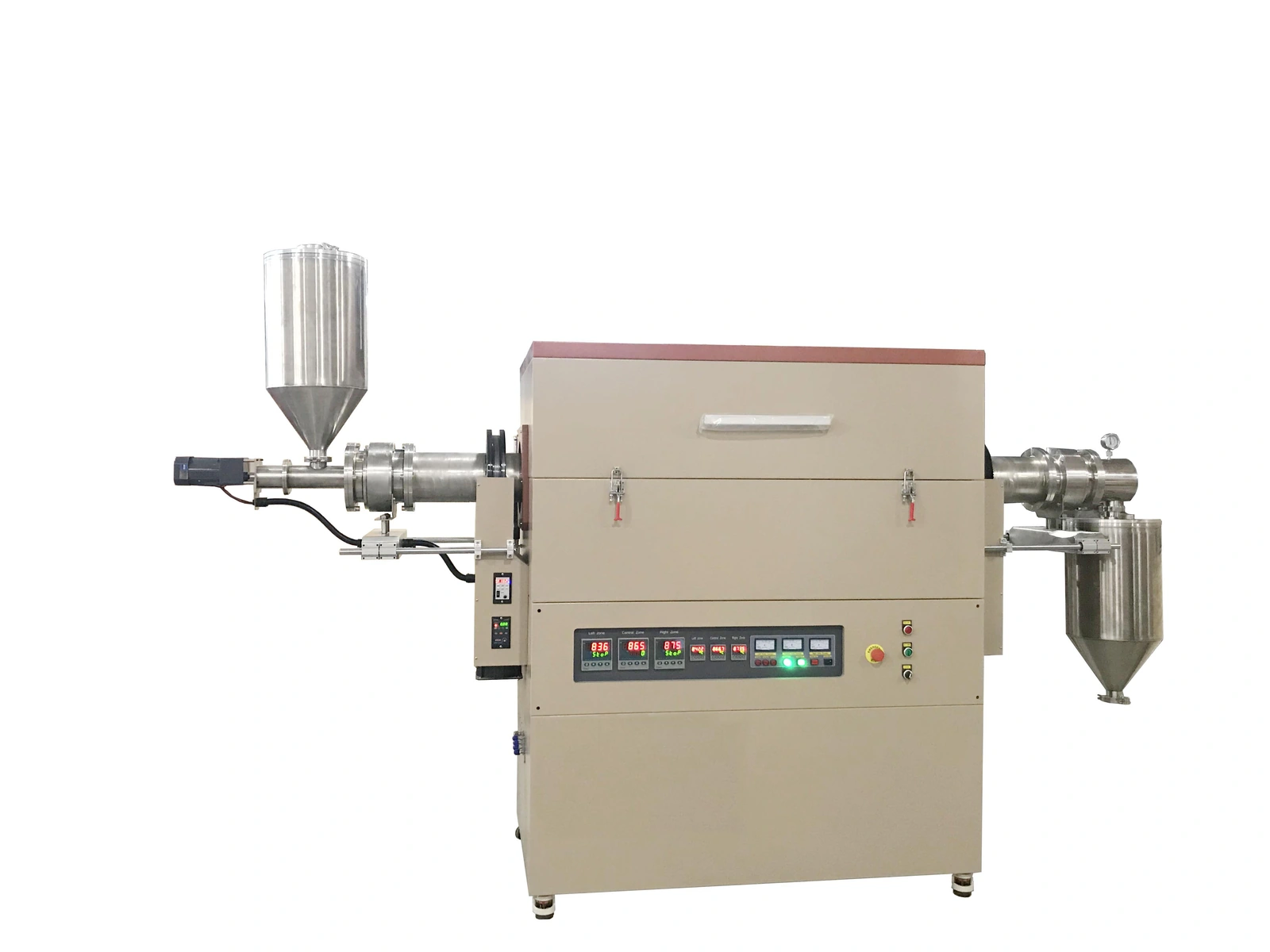 Rotary tube furnace with feed hopper, heated section and collection vessel for powder processing