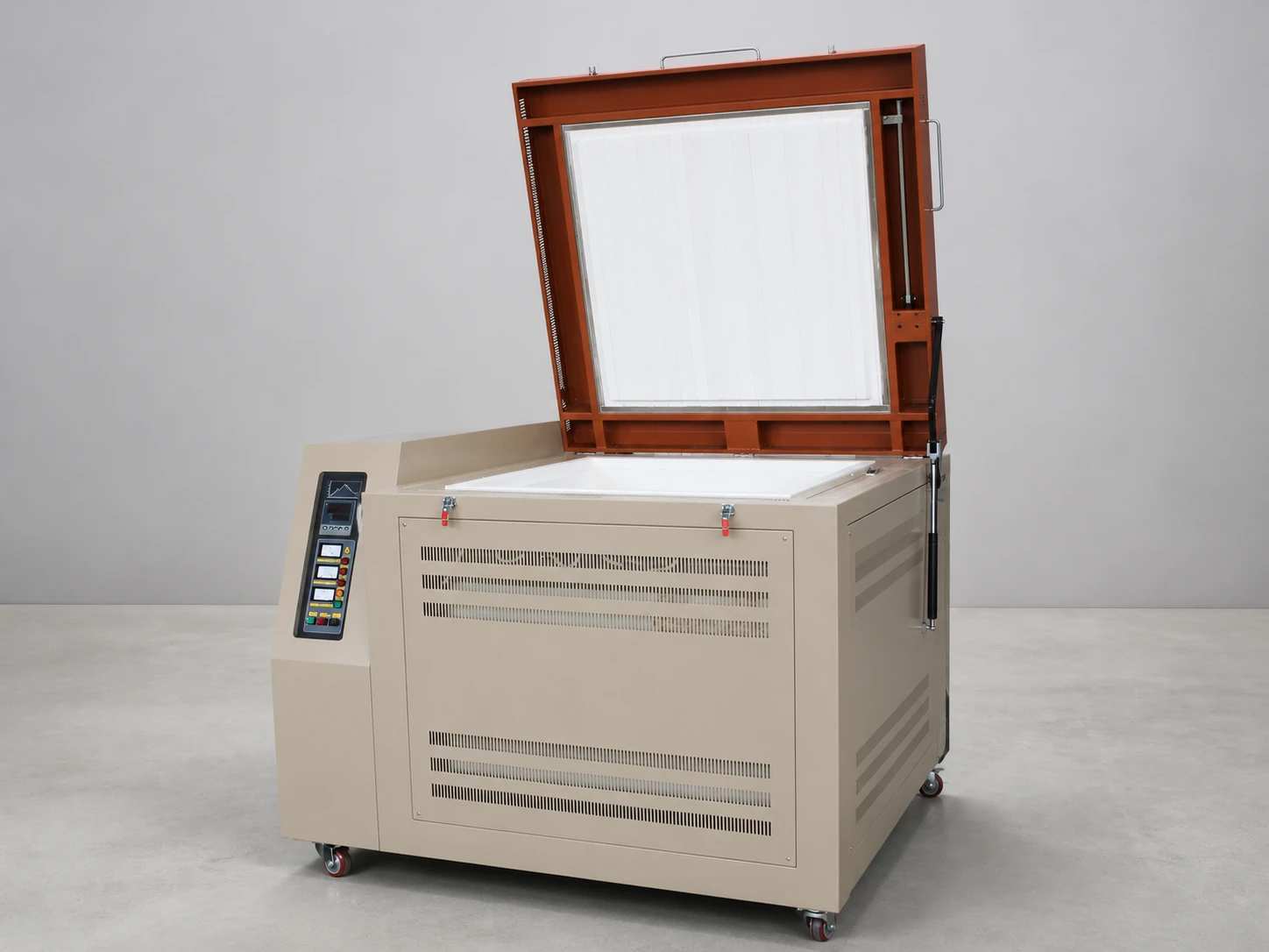 Top-opening box furnace with raised insulated lid and integrated controls