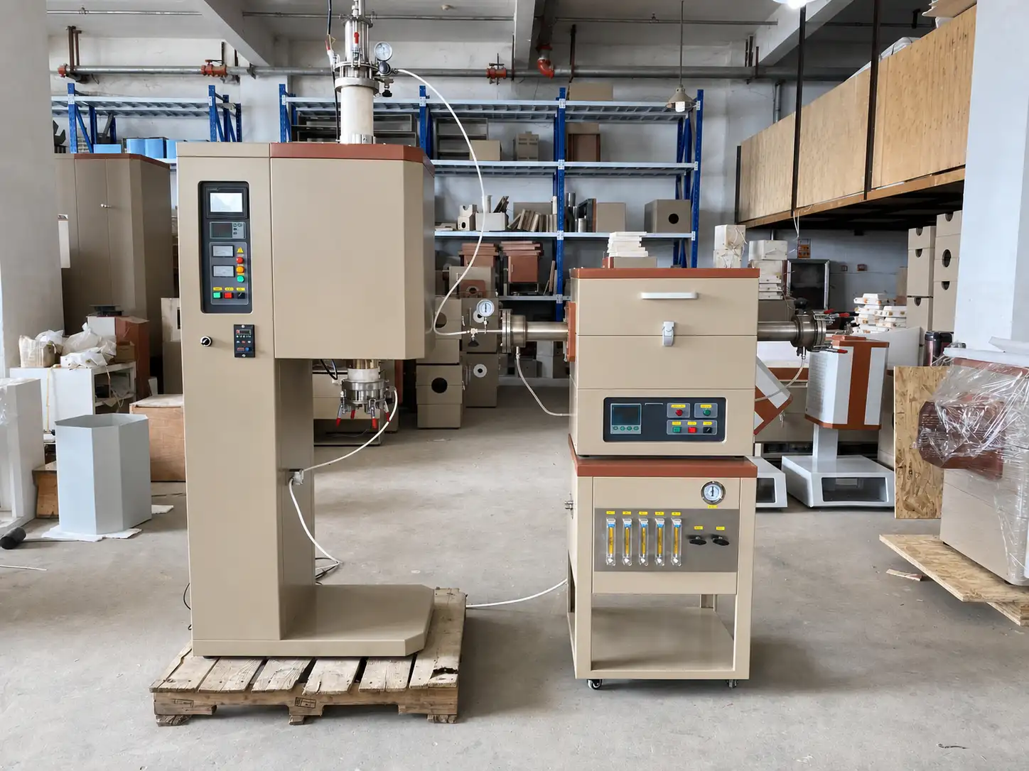 Vertical and horizontal tube furnace system with five-channel gas-flow control cabinet