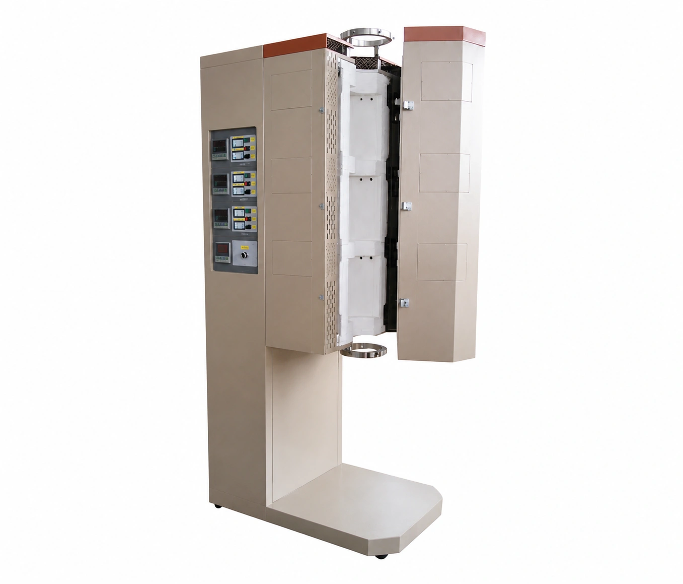 Open vertical three-zone tube furnace showing stacked heated sections and independent controllers